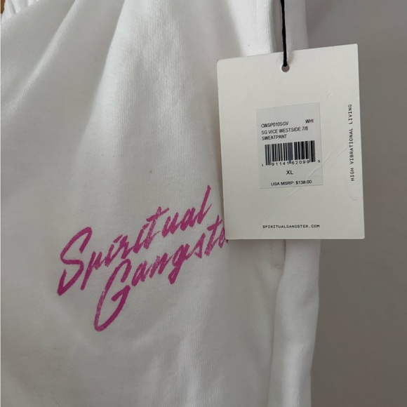 NWT Spiritual Gangster 100% Cotton White Joggers with Pink Retro Logo - Picture 2 of 8